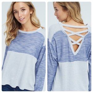 Womens white and blue open back top size M